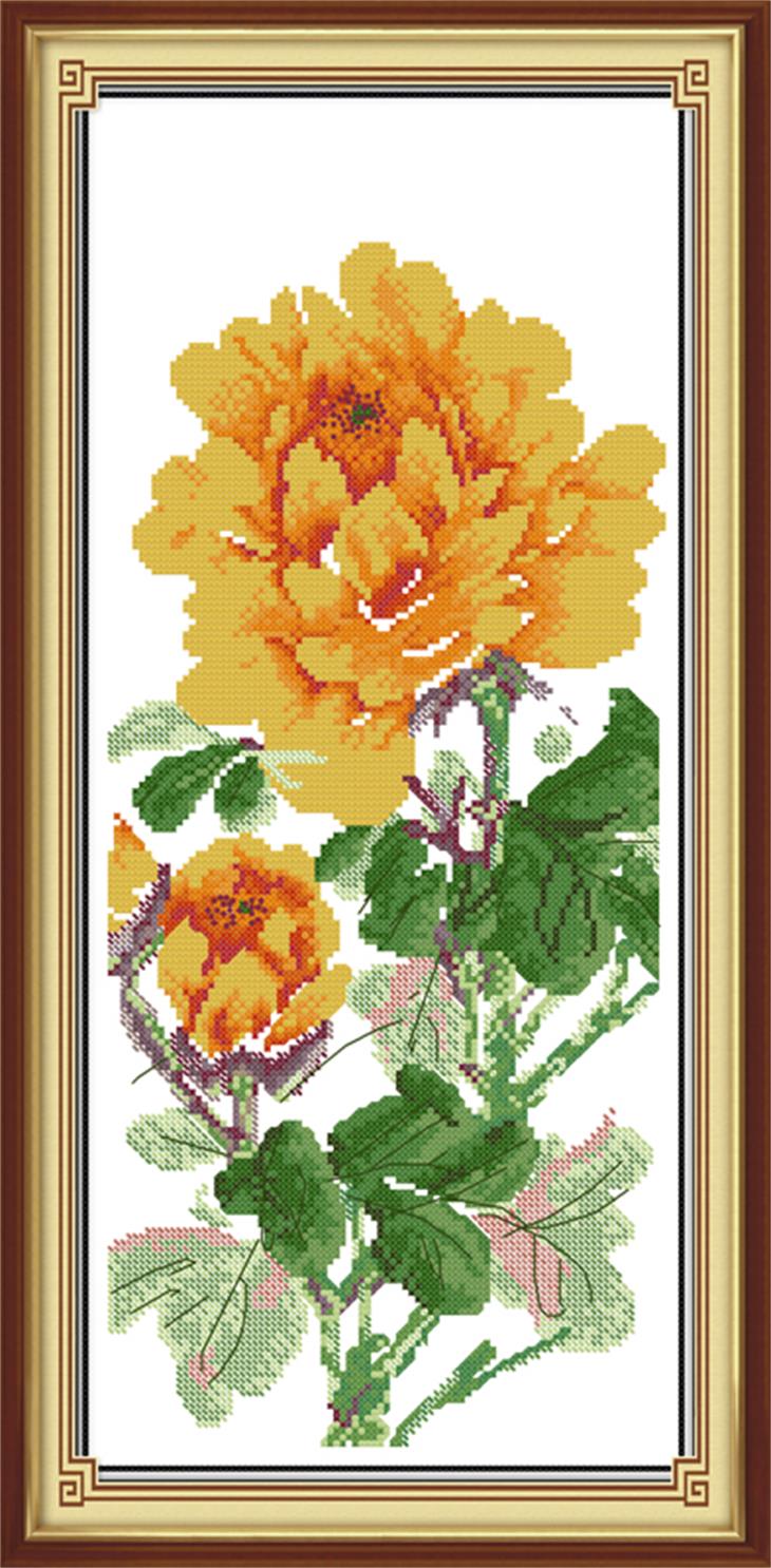 印花十字绣套件棉线黄色牡丹花好看竖版图案植物花卉客厅走廊挂画