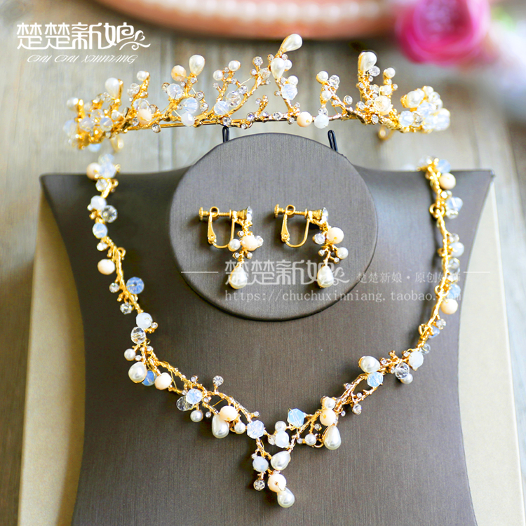 巴洛克新娘金色项链耳环两件套装韩式耳夹水钻珍珠套链结婚配饰品