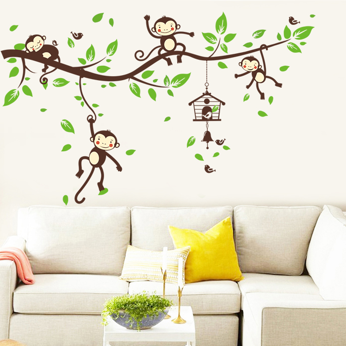 猴子小鸟 卡通墙贴儿童房幼儿园装饰贴画 可移除卧室客厅背景壁画
