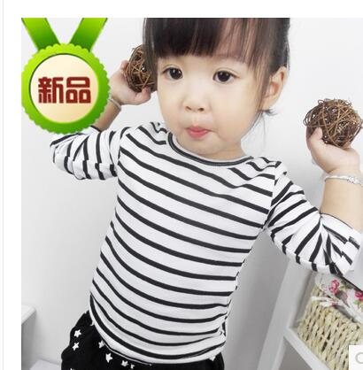 2016 童装男童女童 儿童宝宝黑白条纹纯棉长袖 T恤打底衫1-2-3岁
