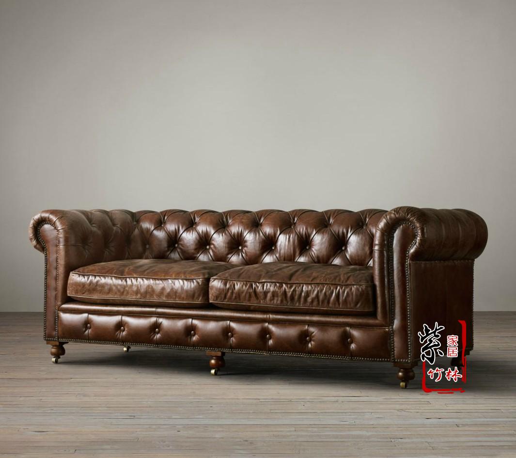 美式乡村皮艺小户型沙发复古油蜡皮客厅组合pu沙发欧式时尚可定做