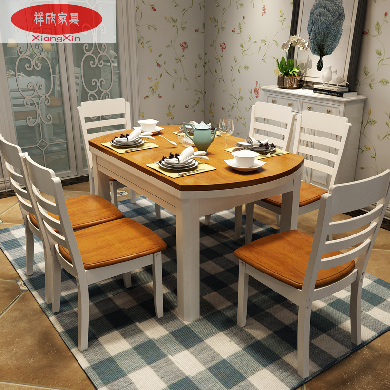 实木圆桌餐桌折叠餐桌椅组合伸缩长方形6人小户型白色饭桌子简约
