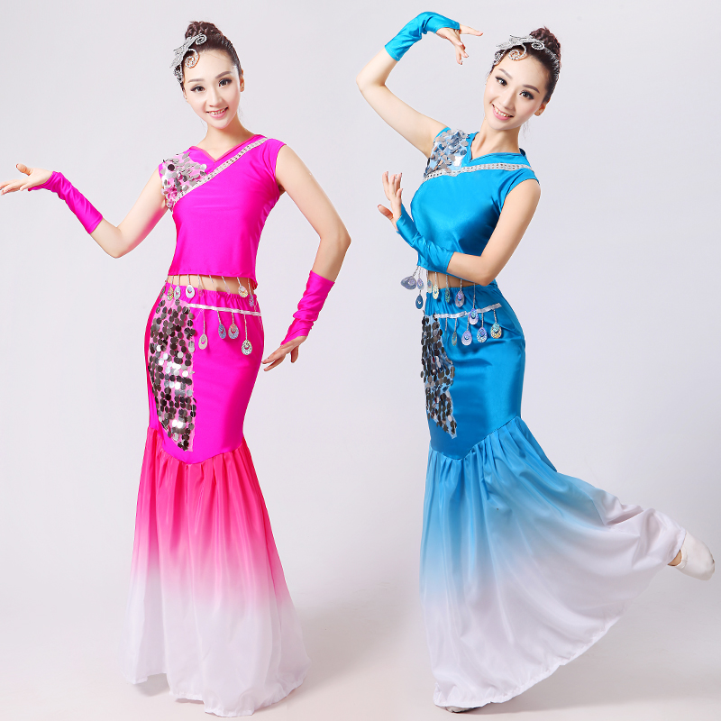 新款傣族舞蹈服演出服亮片孔雀舞蹈服装女傣族裙子包臀长款鱼尾裙