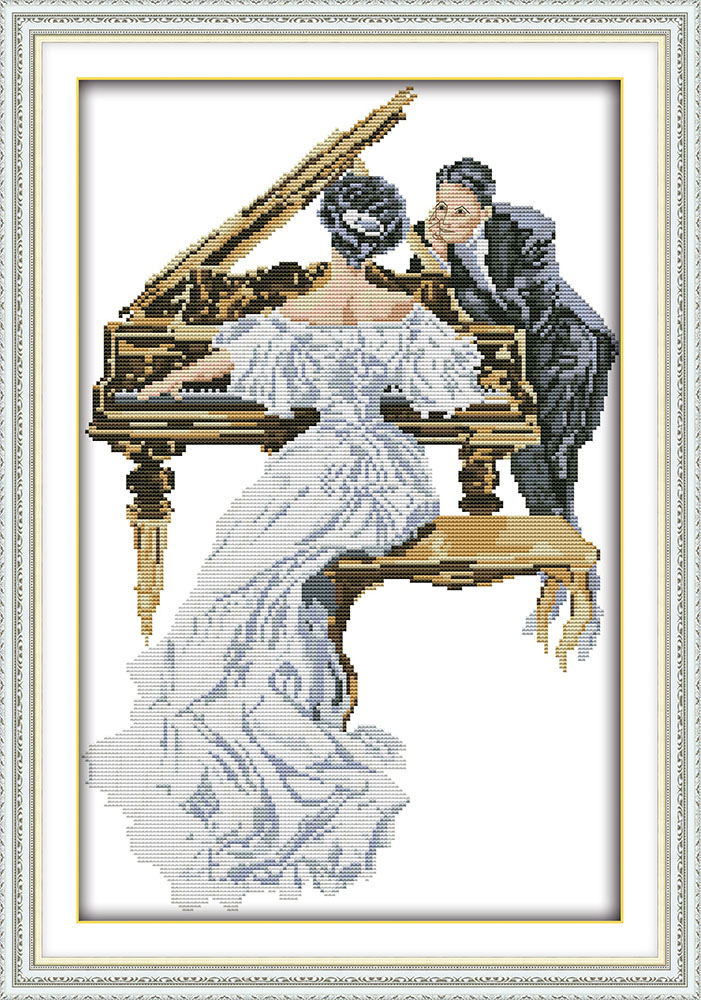 弹钢琴的女子棉线印花十字绣套件人物图案好看温馨客厅卧室装饰