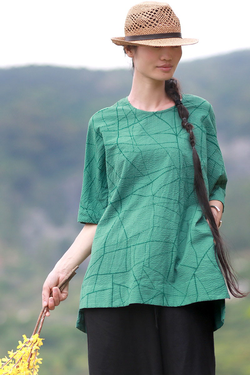 X532/SML 阿元作品2017新款原创绿色女上衣中长款圆领短袖T恤夏
