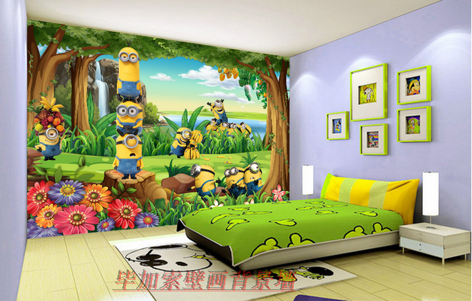 个性新款大型白云蓝天小黄人森林卡通儿童房3D电视背景墙墙纸壁画