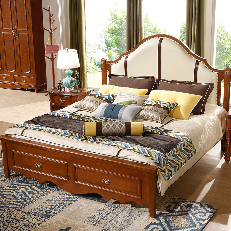 美式乡村实木床简美小美橡木床双人皮床胡桃木1.8米婚床复古家具