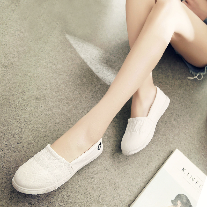 夏休闲白色平跟帆布鞋女韩版平底透气小白鞋一脚蹬懒人鞋孕妇鞋子