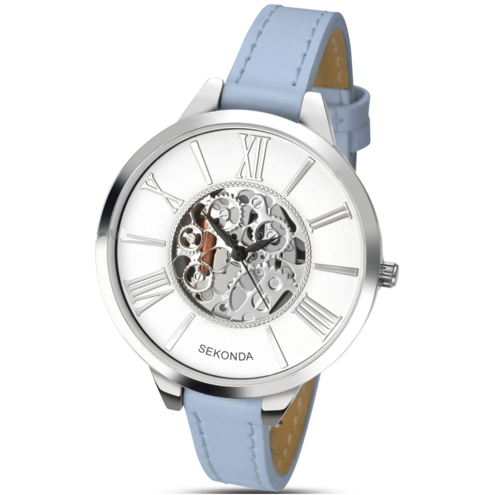 英国代购 SEKONDA 复古文艺礼物 机械表盘 天蓝色真皮 女士手表