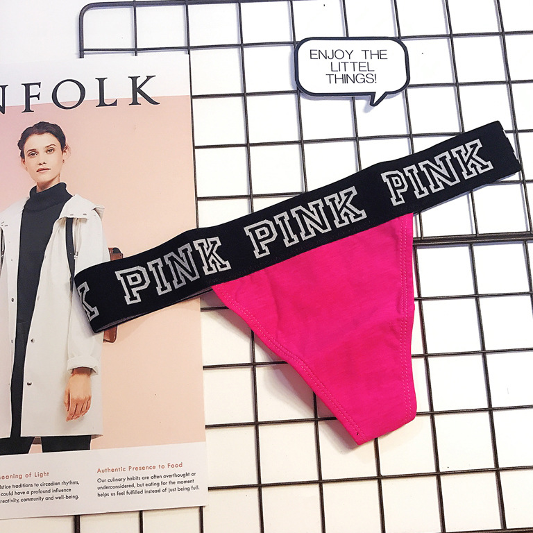 PINK纯色花色纯棉质面料宽边字母女士性感情趣低腰三角丁字裤T裤