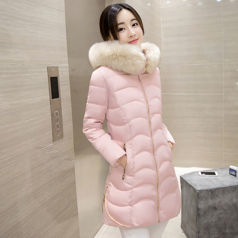2016冬季新款韩版修身甜美棉衣女中长款大毛领加厚棉服学生外套潮