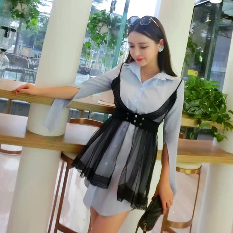 2017夏季新款韩版两件套套装裙气质修身显瘦蕾丝衬衫连衣裙短裙女