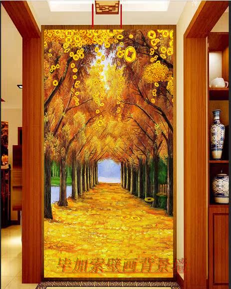 大型新款3D立体油画黄金满地玄关壁画客厅卧室发财树墙纸装饰画