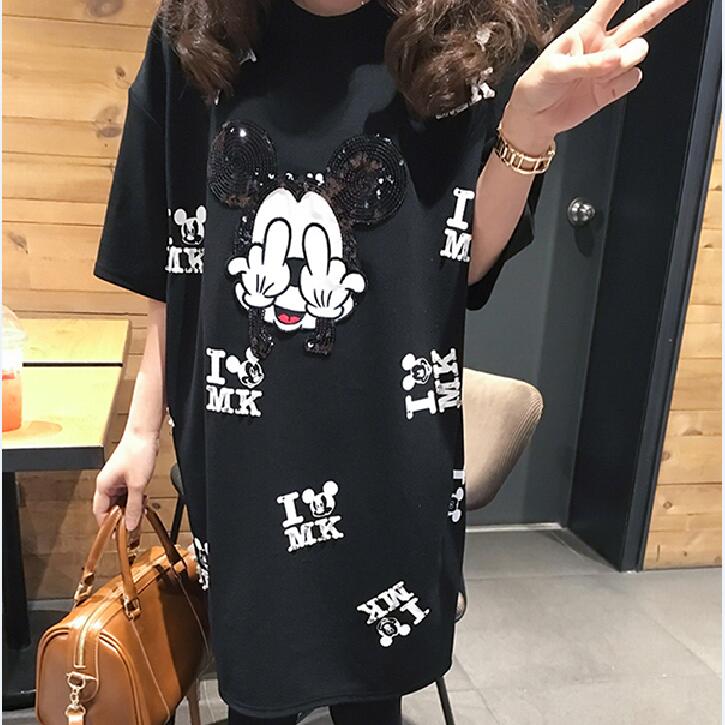 孕妇装2016夏季韩版加大码T恤宽松中长款短袖卡通米奇T恤裙200斤
