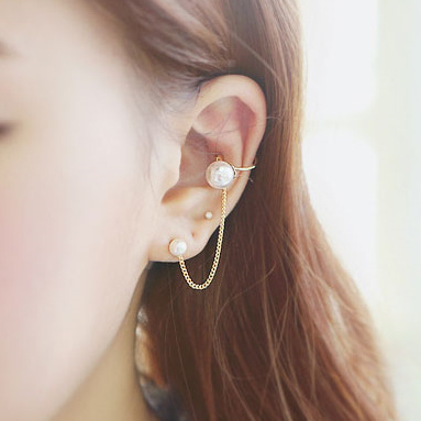 韩国进口潮女个性耳饰 甜美双珍珠双耳洞连体耳钉耳链耳夹耳环