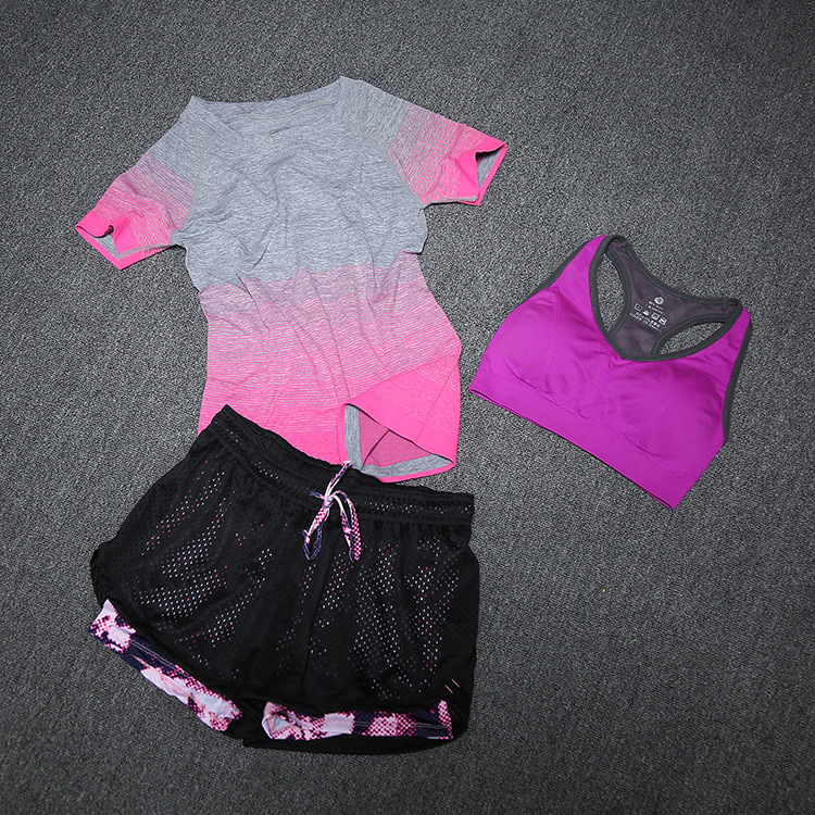 夏季健身房瑜伽服三件套装女跑步运动速干短袖假两件短裤防震文胸