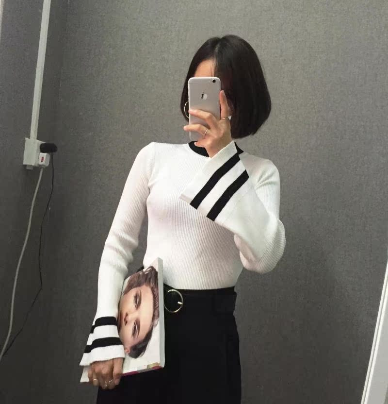 [SUSU]秋季新款韩版条纹中领修身薄款毛衣喇叭袖显胸显瘦长袖女