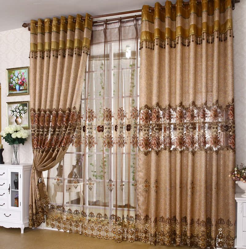 【高节绣品】高档欧式窗帘色织水溶绣花客厅卧室阳台环保成品销售