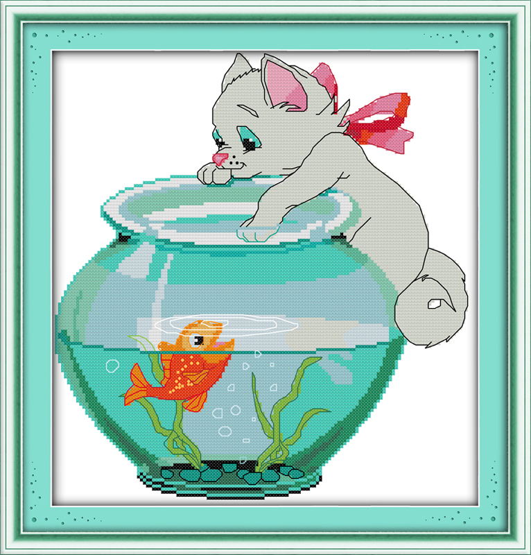 鱼缸旁可爱的小猫抓金鱼动物图案好看印花十字绣棉线初学挂画卧室