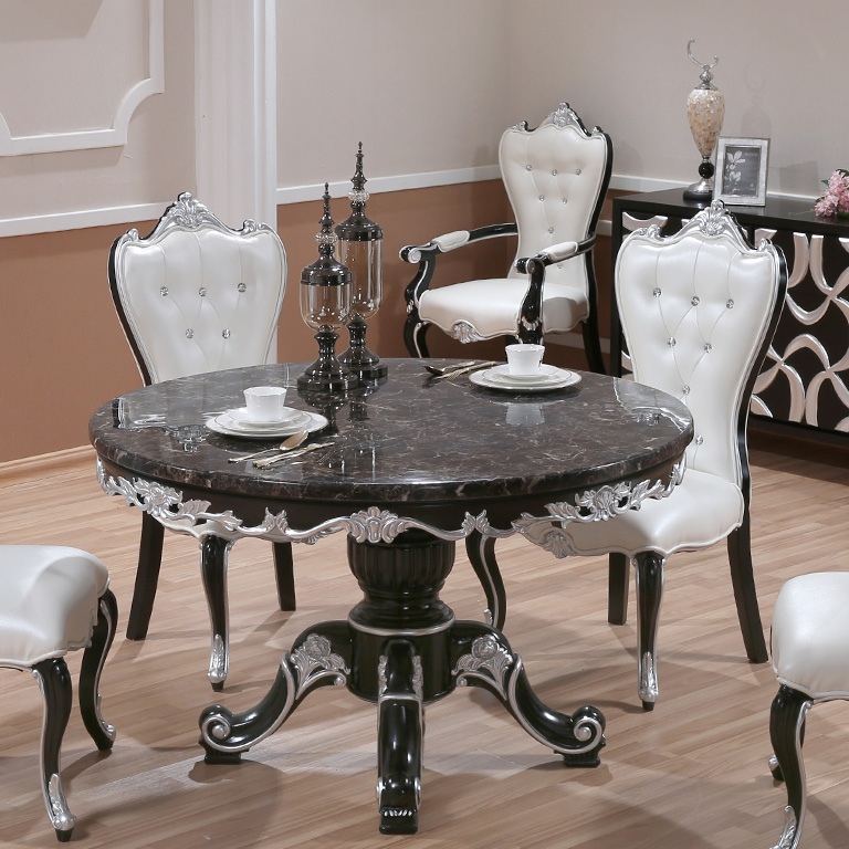 欧式餐桌椅组合新古典一桌六椅大理石带转盘简约现代实木圆形餐桌