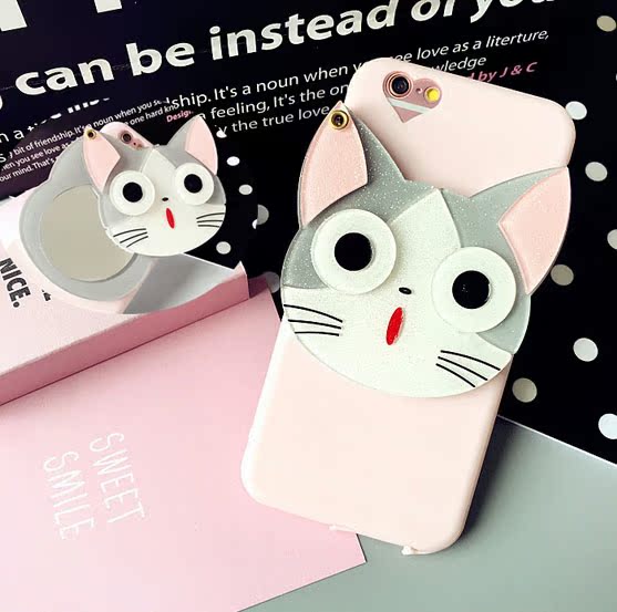 韩国立体猫咪镜子iphone6/6s手机壳苹果6plus全包软胶壳5.5保护套