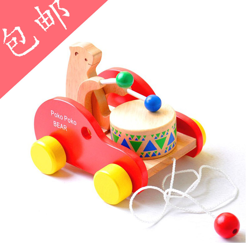 儿童拉绳玩具小熊敲鼓拖拉车1-3岁儿童木制拉线玩具宝宝学步推车