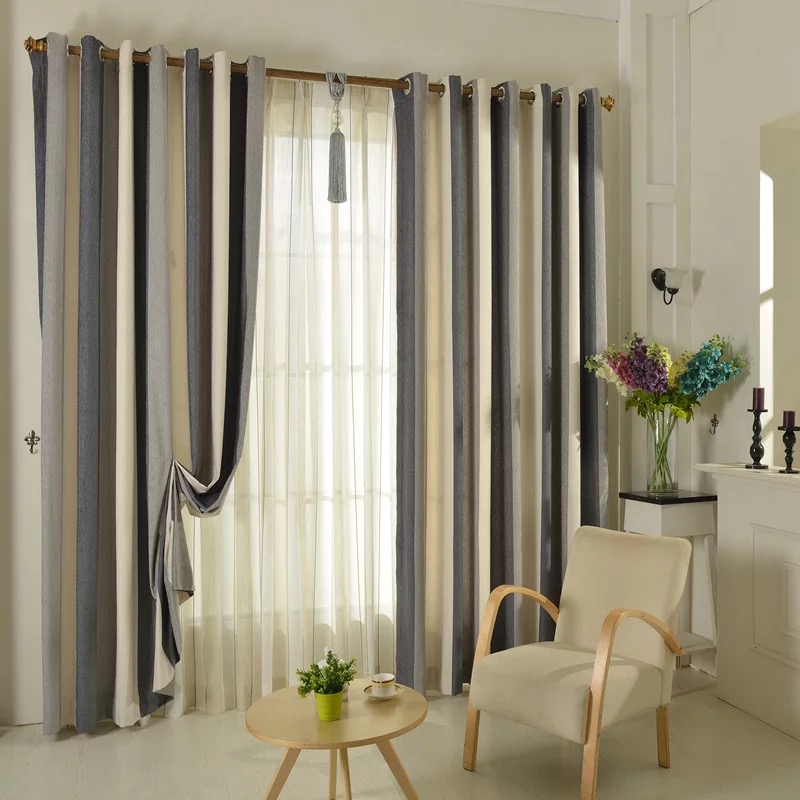 高档卧室客厅地中海条纹雪尼尔绒加厚防风定制遮光定制成品窗帘