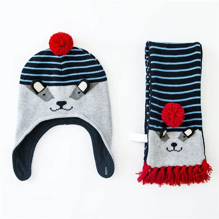 秋冬婴儿童女男童宝宝纯棉针织帽子围巾二件套装加绒保暖护耳帽