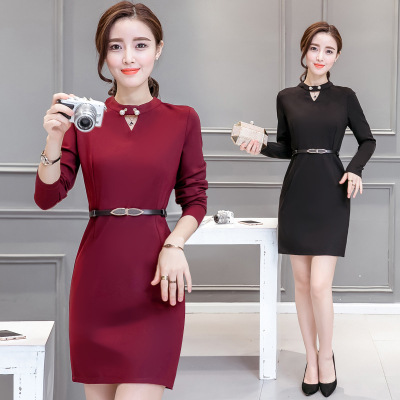 2016秋装韩版女装中长款气质修身显瘦长袖包臀连衣裙女