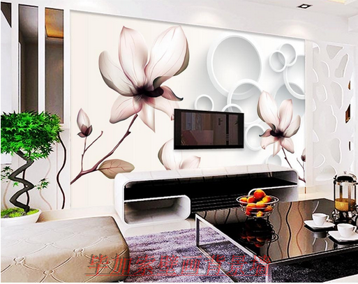 现代新款大型简约淡雅百合圆圈3D立体墙纸壁画客厅卧室沙发背景墙