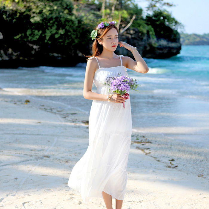 夏季棉麻显瘦连衣裙 海边度假一字领长裙 波西米亚高腰白色沙滩裙