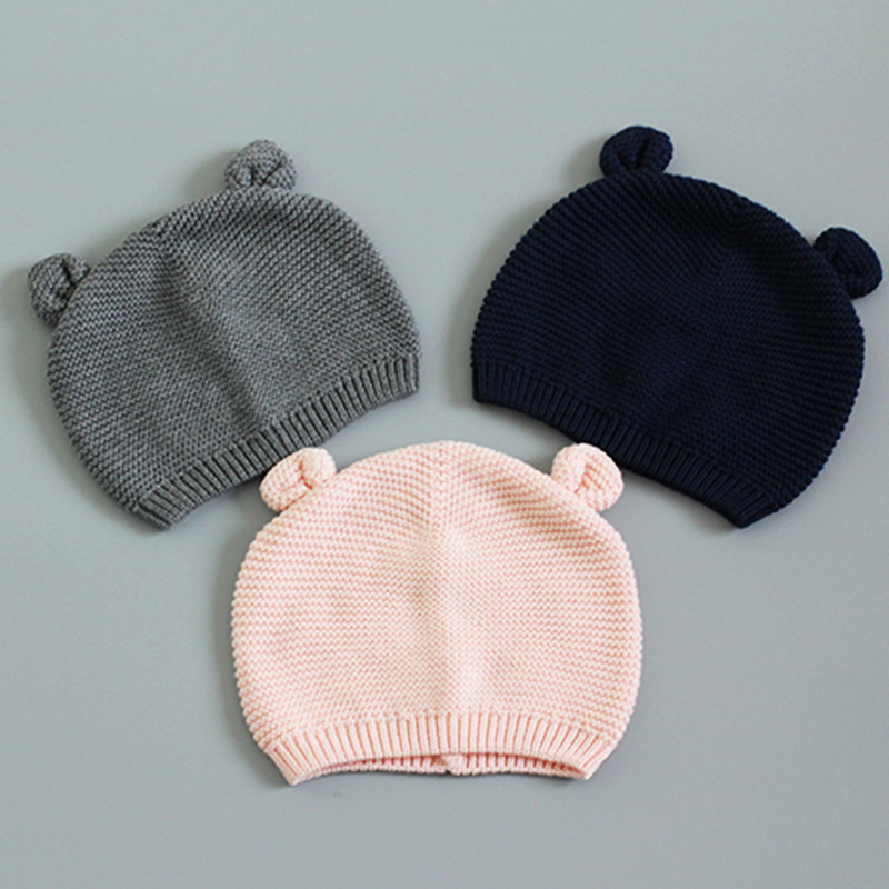 绒线纯棉卡通针织毛线男女宝宝婴儿童保暖秋冬帽子小熊耳朵套头帽