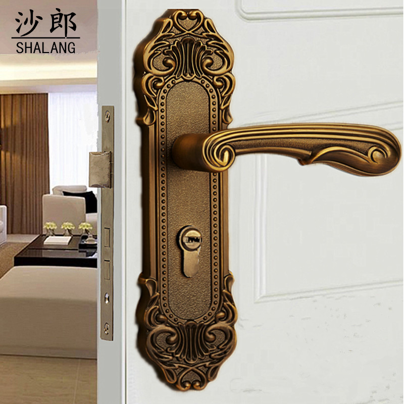 沙郎欧式美式全铜室内门锁 实木门锁纯铜卧室房门锁把手静音锁具
