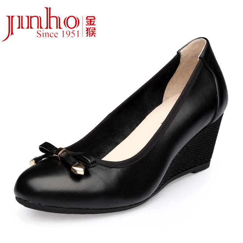 Jinho/金猴15新款甜美显瘦坡跟女单鞋 真皮时尚热卖女鞋皮鞋单鞋