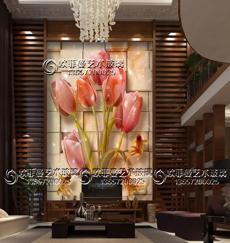 现代3D艺术玻璃电视墙 新款工艺玻璃 沙发背景墙 深雕刻 郁金香