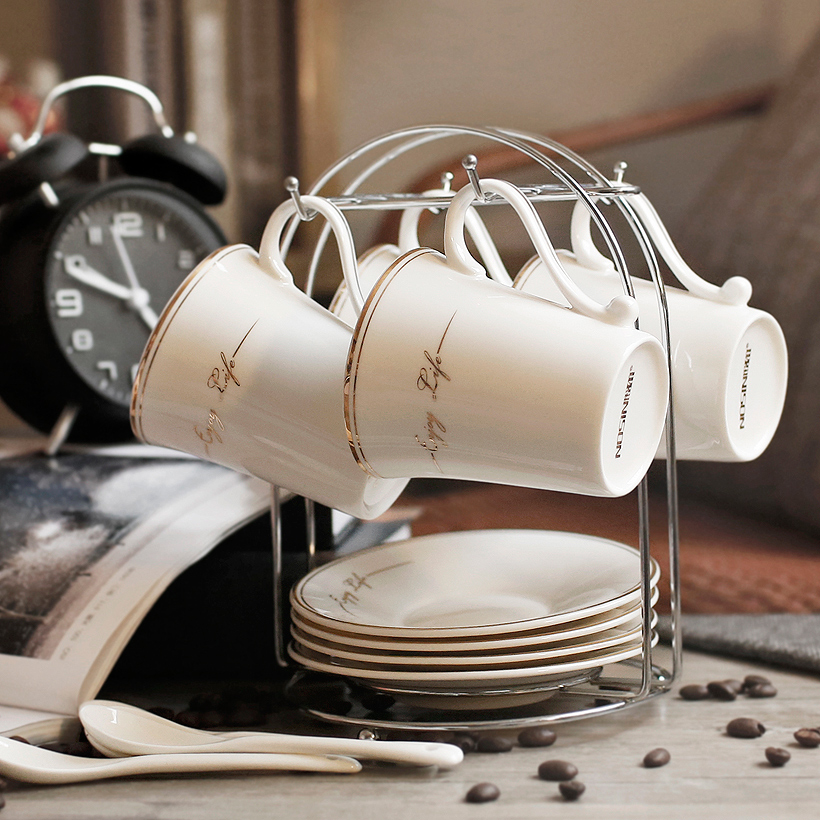 简约创意咖啡杯套具 欧式陶瓷家用办公4杯套装骨瓷茶杯带碟勺架子