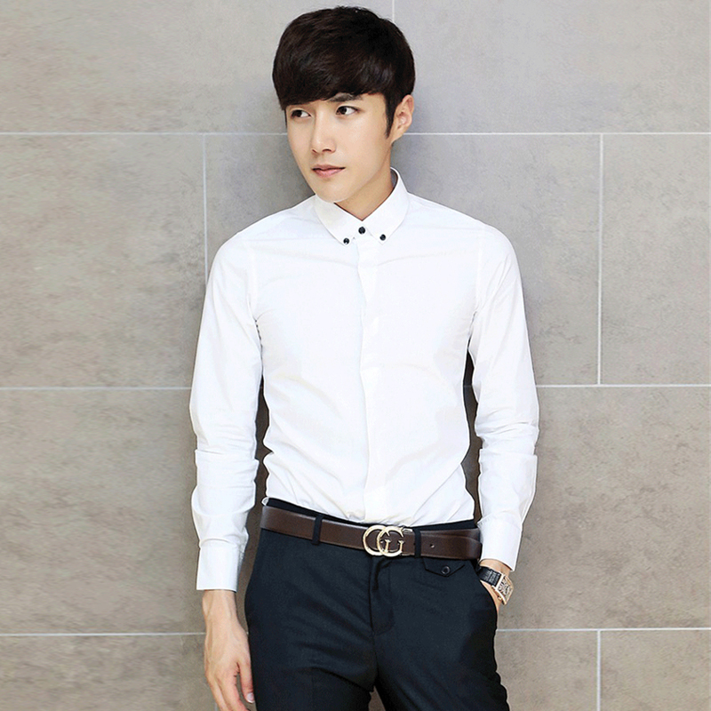 2016新款男士长袖衬衫韩版英伦职业白色衬衣修身休闲商务结婚寸衫