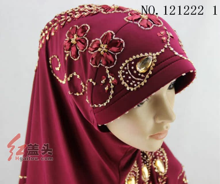穆斯林女士头巾冰丝圆款丝带串珠方便盖头礼拜帽回族专用