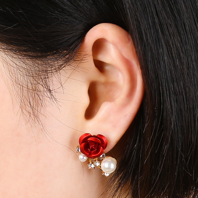 新品耳环韩版时尚玫瑰花朵珍珠耳钉 防过敏新娘耳饰耳坠活动包邮