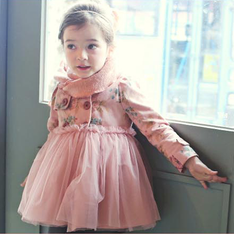 韩版女童装秋冬外套版儿童加厚夹棉中长款碎花双排扣外套大衣宝宝