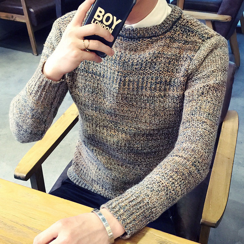 秋季新款圆领套头彩色毛衣男士加码针织衫韩版青少年线衣潮流男装