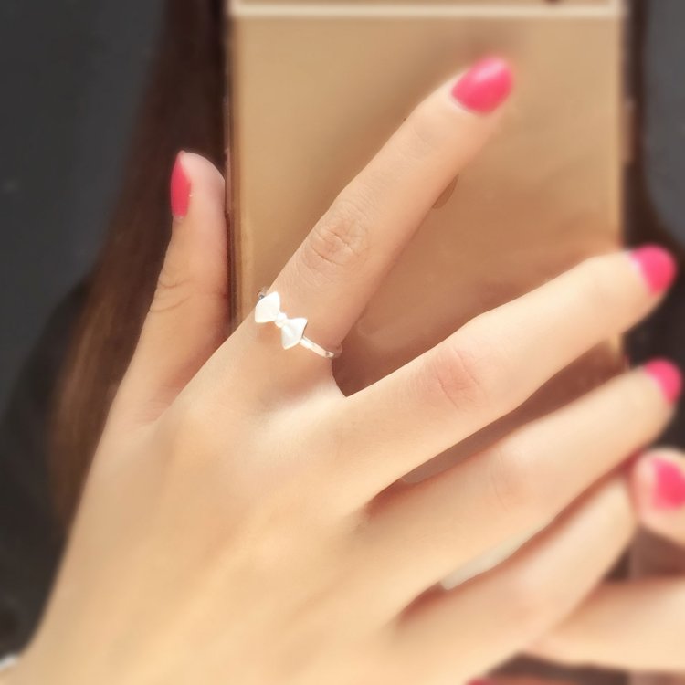 新版时尚蝴蝶结S925纯银戒指 女简易开口食指可调节大小戒指饰品