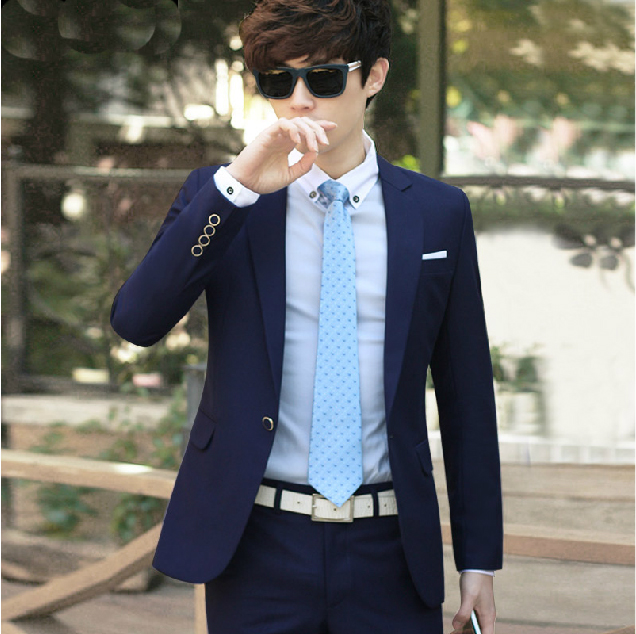 包邮西服套装男士韩版商务蓝色修身小西装职业伴郎新郎结婚礼服