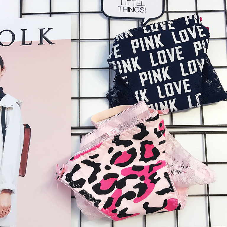 PINK可爱字母性感粉豹纹透明蕾丝纯棉面料情趣细带女士中低腰内裤