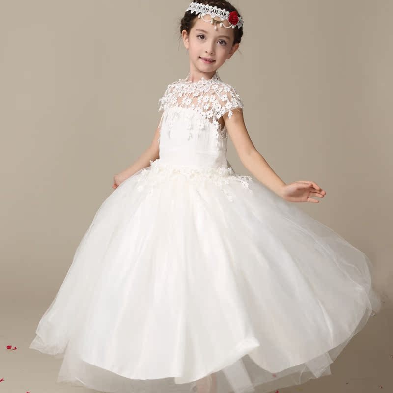 儿童礼服公主裙白色蕾丝花童蓬蓬裙长款 公主裙女童婚纱儿童婚纱
