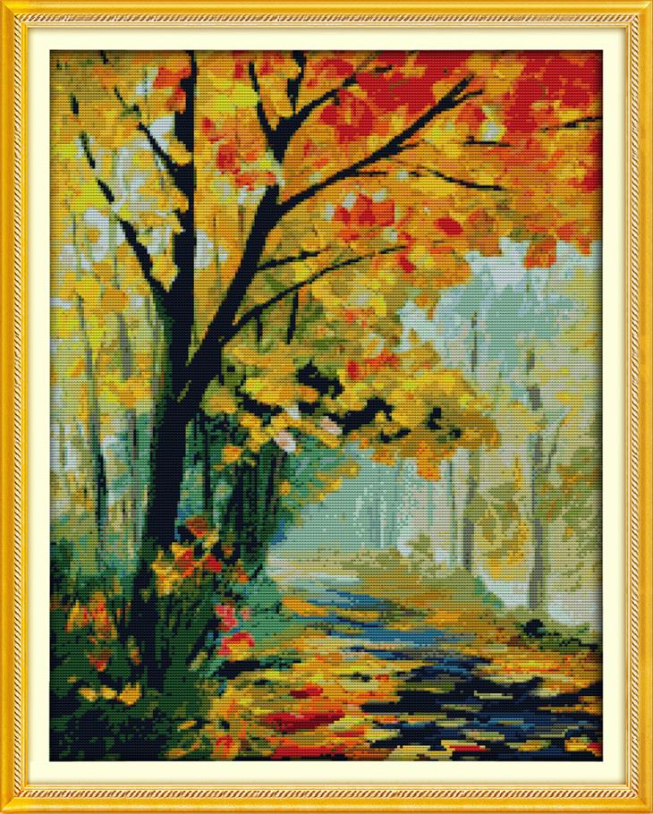 新款十字绣印花布棉线套件秋天风景金黄色树林小路客厅走廊挂画