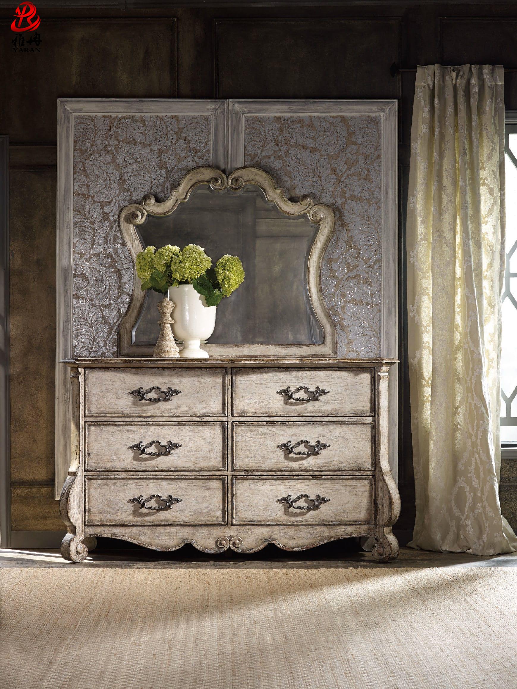 美式做旧橡木雕花古典卧室梳妆柜实木整装梳妆台桌六抽收纳储物柜