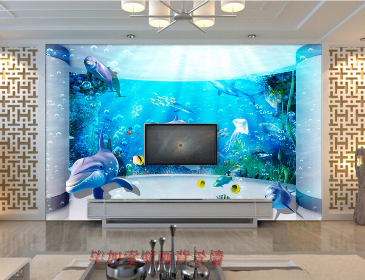 3D梦幻新款立体大型壁纸海底世界海洋儿童房壁画电视背景墙墙纸