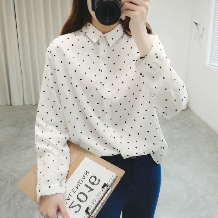 【MISS小叶】韩国代购新品基本款小方领棉麻星星印花宽松衬衫女