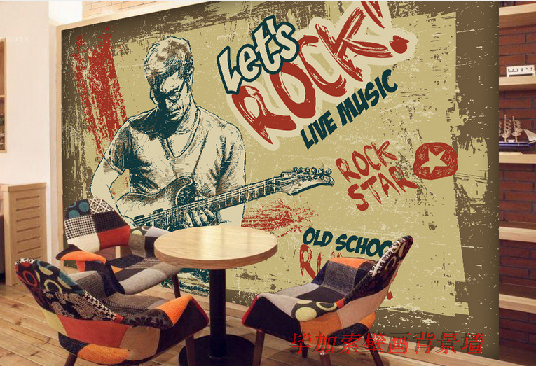 个性新款复古怀旧木板吉他摇滚音乐酒吧KTV网咖背景墙壁画壁纸